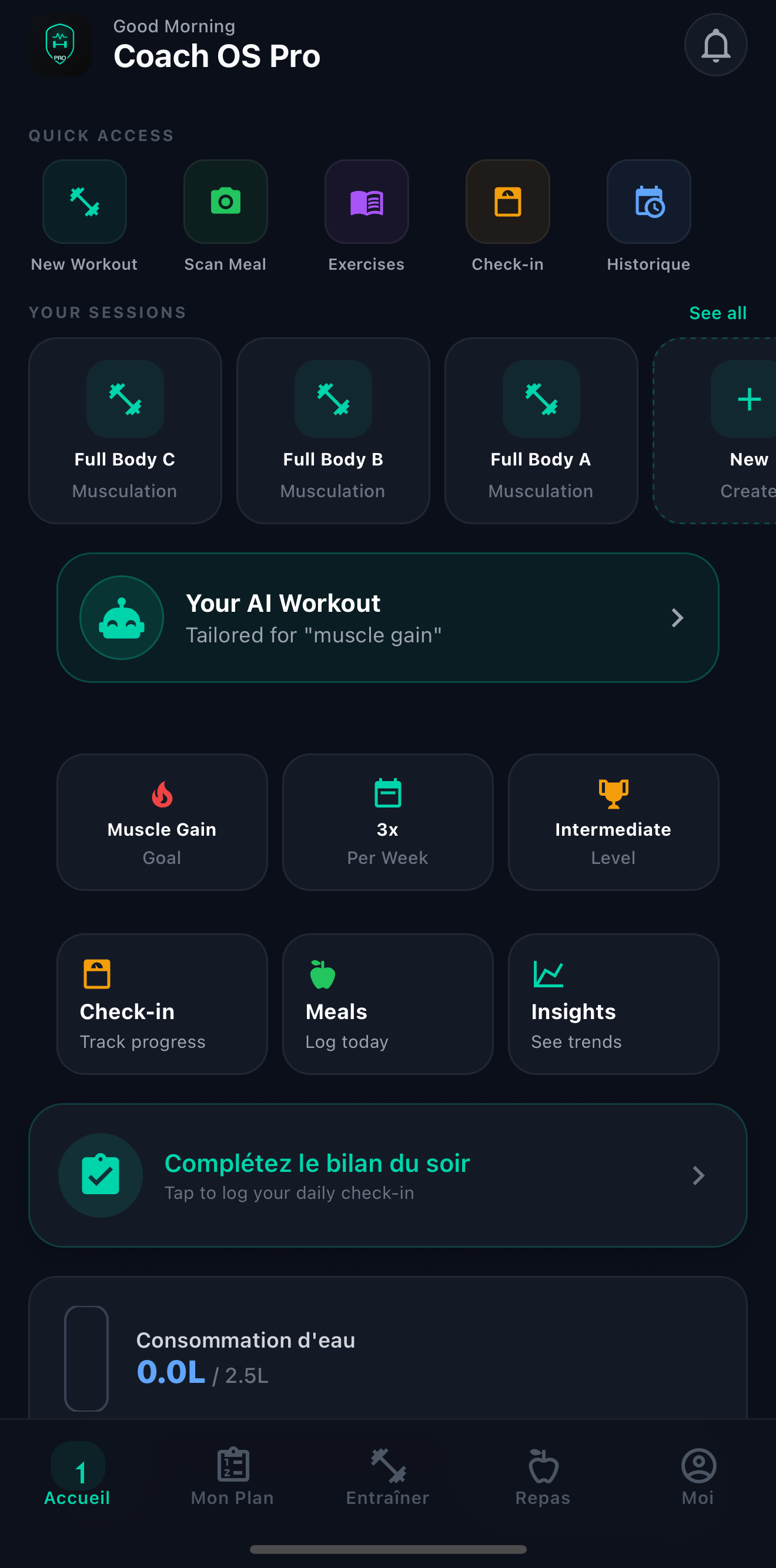Coach OS Pro app — home screen
