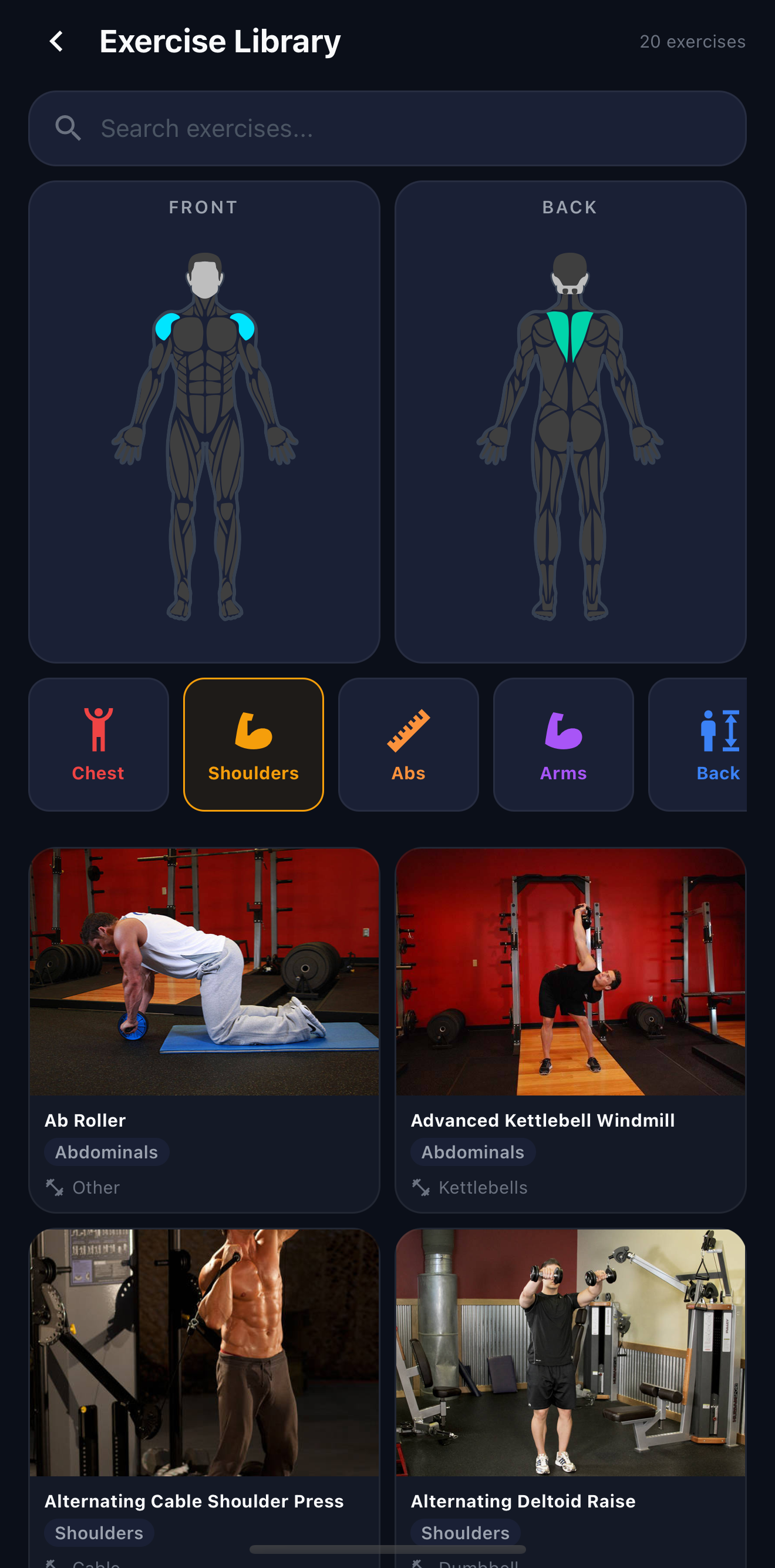 Shoulders filter on body diagram